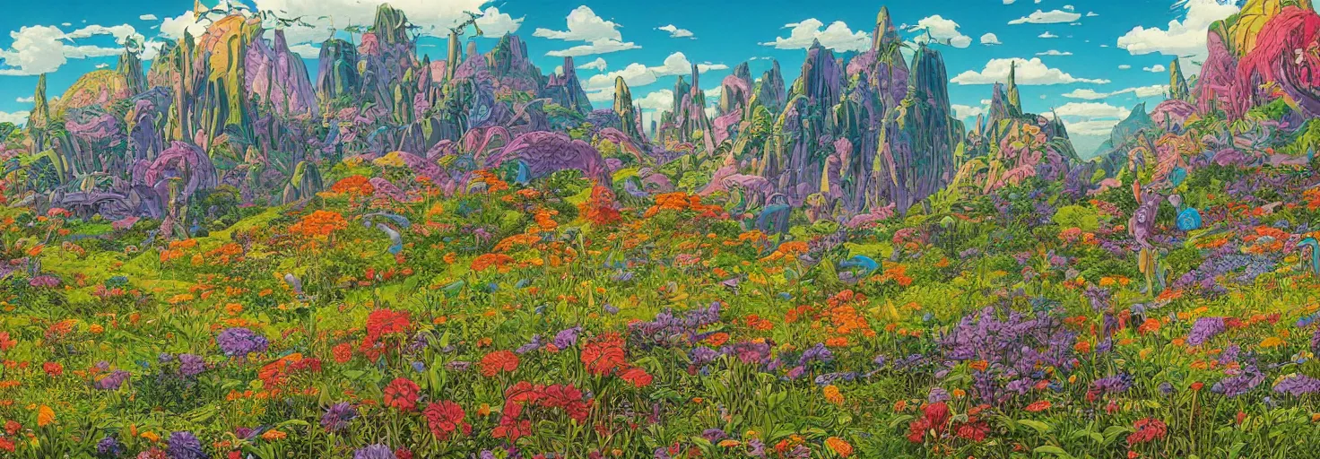 Image similar to beautiful landscape mural of the lush meadow of monoliths, vivid colors, intricate, highly detailed, masterful, fantasy world, sci fi world, in the style of moebius, akira toriyama, jean giraud