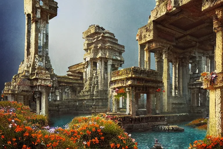 Image similar to photography of a beautiful archipelago of never seen before stunning ancient indian temple. intricate pilars patern, runes. water and flowers. inspiring science fiction, intricate, elegant, uplifting, inspirational, highly detailed by beksinski and simon stalenhag