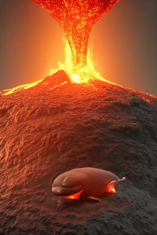 Image similar to a octane render of volcano and a tiny whale inside a boel, close - up studio photo, lighting path traced, highly detailed, high quality, hyper - realistic, max accurate,