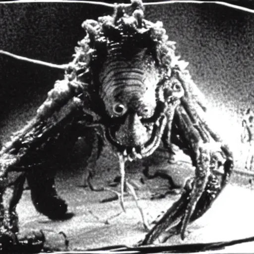Prompt: horrible creature from the movie The thing (1982). disgusting. movie scene. blood. creepy. tentacles. peeling. chilling. scary. gross. visceral. disturbing. granular photography. old movie W-1024 H1024
