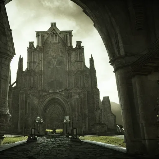 Image similar to imposing abbey, realistic, highly detailed, hd, unreal engine, by guillermo del toro + hideo kojima