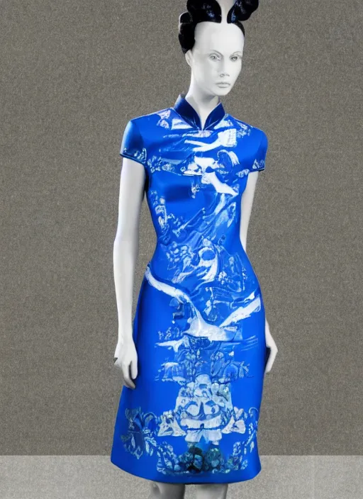 Prompt: blue qipao dress, dress design by alexander mcqueen