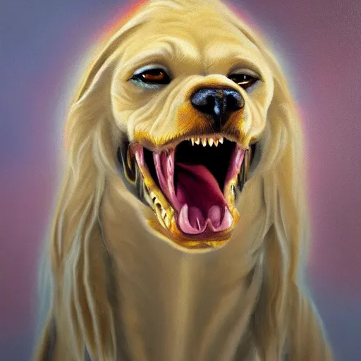 Image similar to high detail oil painting of a rabid dog, foaming with emoji faces, trending on artstation