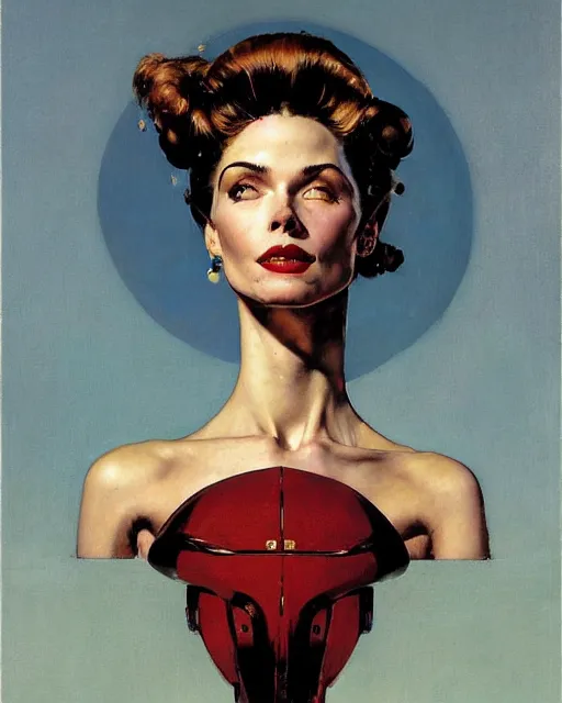 Prompt: head portrait of elegant striking mature space woman, dynamic, by norman rockwell, roberto ferri, daniel gerhartz, edd cartier, jack kirby, howard v brown, ruan jia, tom lovell, frank r paul, dean cornwell, astounding stories, amazing, fantasy, other worlds