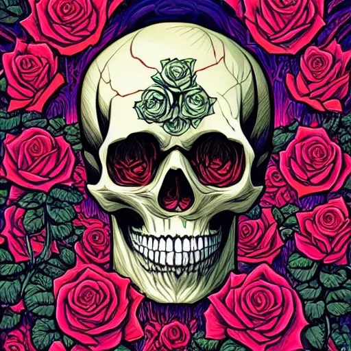 Image similar to ortographic view of a large skull and gothic roses by Jen Bartel and Dan Mumford and Satoshi Kon, gouache illustration