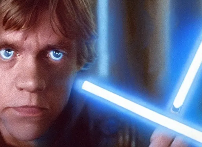 Image similar to screenshot from the lost star wars film, blue transparent hologram of Luke Skywalker, iconic scene from Star Wars, directed by Stanely Kubrick, moody cinematography, with anamorphic lenses, crisp, detailed, 4k