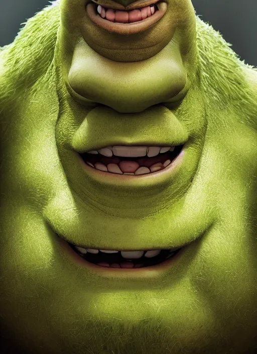 Image similar to portrait of shrek as hulk, naturel, hyper detailed, digital art, trending in artstation, cinematic lighting, studio quality, smooth render, unreal engine 5 rendered, octane rendered, art style by klimt and nixeu and ian sprigger and wlop and krenz cushart.