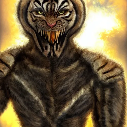 Image similar to a humanoid with cat-like features, yellow eyes, teeth that protrude past the lower lip like a saber-tooth tiger and fine grayish fur on their faces and backs of their hands wearing futuristic alien armor and carrying weapons, highly detailed,