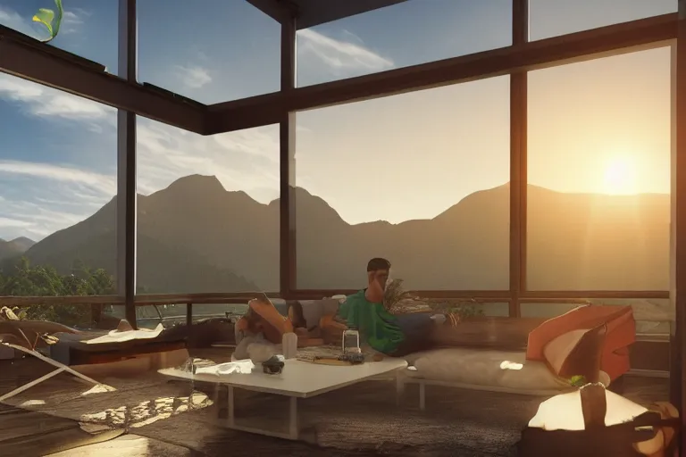 Image similar to big window, mountains in background, cloud forest in background, tropical beach in background, sunset, warm golden hour lighting, holiday vibes, living room, furniture, IKEA catalogue, futuristic, ultra realistic, ultra detailed, cinematic light, anamorphic, wooden floored balcony, by Paul Lehr