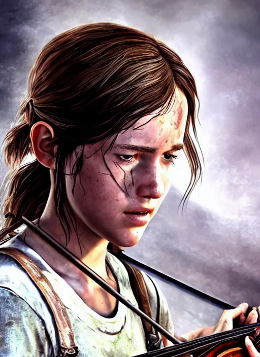 Image similar to ellie from the last of us in a white dress playing the violin on stage. hyperrealistic oil painting, 4k, very detailed faces, art station