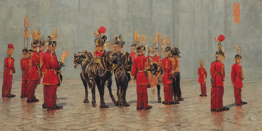 Prompt: Highly detailed and cinematic romantic period oil painting of Imperial Chinese palace guards bowing to the Chinese emperor, strong atmosphere, oil painting masterpiece by Josep Tapiró Baró, symmetry, fractals