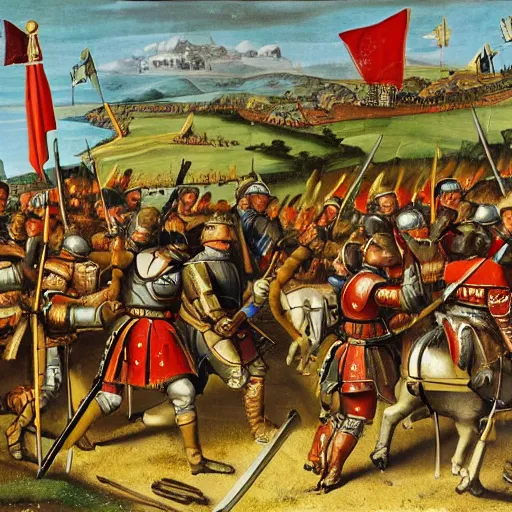 Prompt: Battle of Pavia in 1525, Landsknecht vs Swiss pikemen, medieval painting