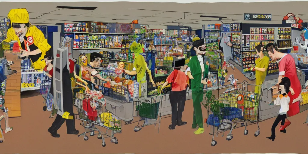 Prompt: mixed media David salle painting of a supermarket, line art cartoon figures superimposed on it