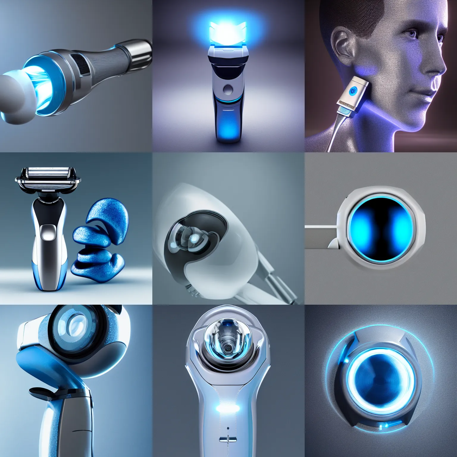 Prompt: futuristic shaver, white, blue, silver, studio photo, studio light, high class, octane render, macro lens