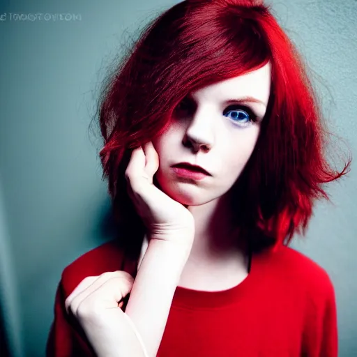 Prompt: photograph, closeup portrait of a young pale woman with short red hair in a dark room, blue eyes, wearing red flannel, flash photography, indoor setting, high contrast, sharp, portra 4 0 0, photographed by terry richardson, trending on tumblr,