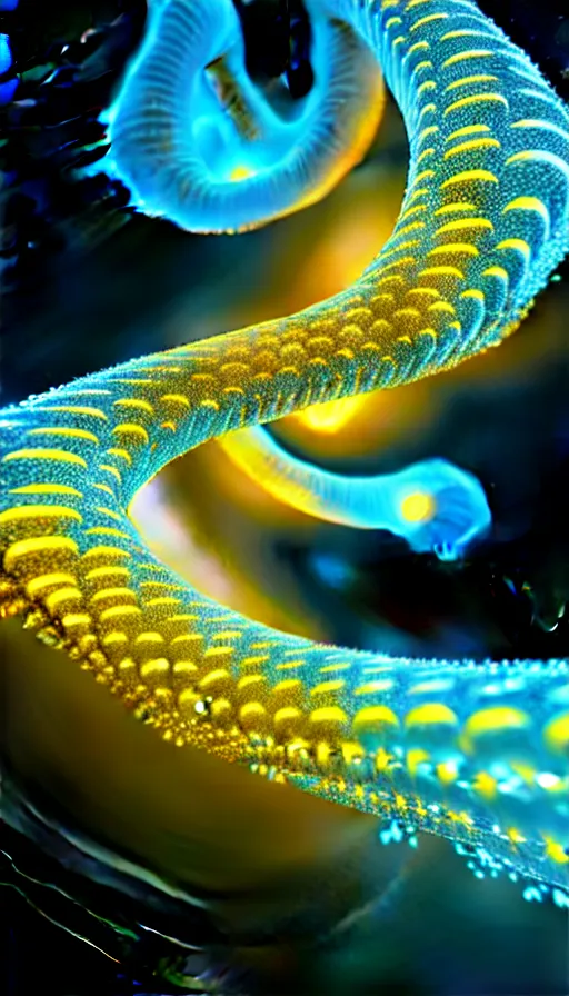 Image similar to 8 k uhd houdini recursive dna fractal structure, background smoke and bioluminescent swirling wisps, cream yellow blue gold palette, volumetric lighting, 1 8 mm lens