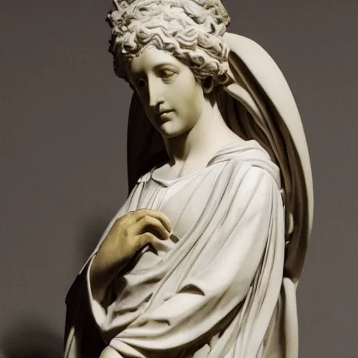 Prompt: a well-lit detailed studio photo of a marble sculpture of Mary dressed in robes with her hair covered, holding the body of Jesus by Antonio Canova