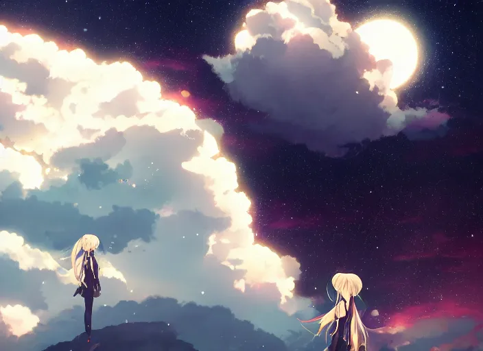 Image similar to illustration night sky clouds multiple moons | | anime key visual, official media, illustrated by wlop, extremely detailed, 8 k, trending on pixiv, cinematic lighting, beautiful