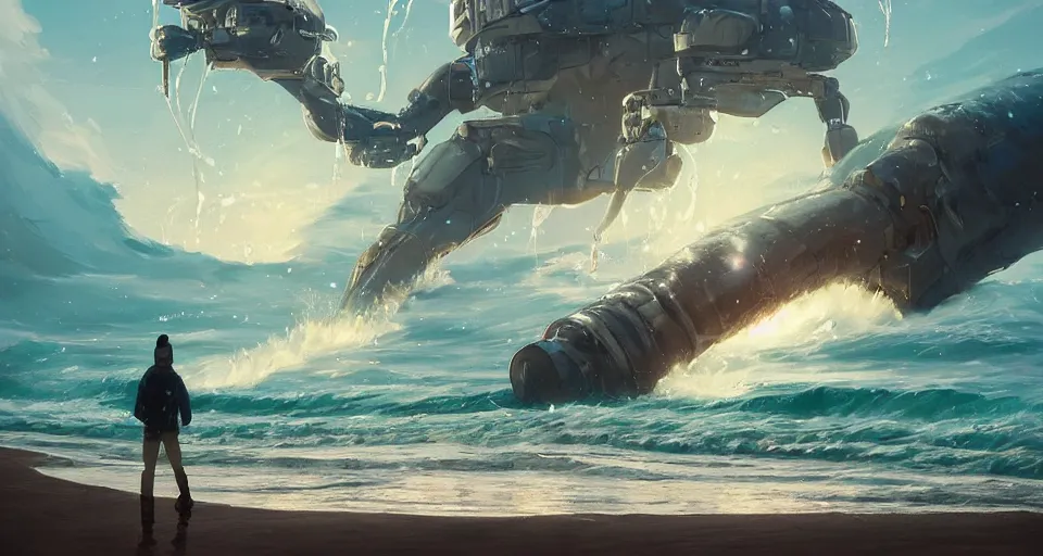 Image similar to A very beautiful serene coastal landscape scene with a GIANT MECHA JELLYFISH looming in the distance, bright sunny the great waves of kanagawa splashing on the beach, Translucent rendered by simon stålenhag, rendered by Beeple, Makoto Shinkai, syd meade, environment concept, digital art, starwars, unreal engine, 3 point perspective, WLOP, trending on artstation, low level, 4K UHD image, octane render,