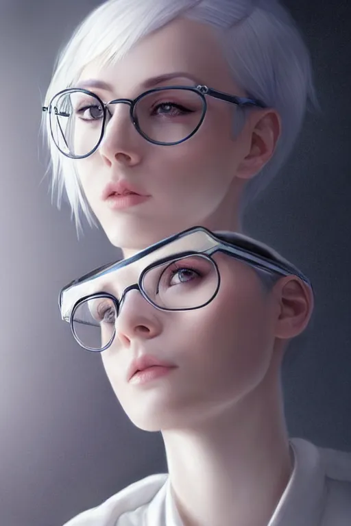 Prompt: a scientist girl with white iridescent short hair color wearing lab coat and glasses by charlie bowater and titian and artgerm, full - body portrait, intricate, face, elegant, beautiful, highly detailed, dramatic lighting, sharp focus, trending on artstation, artstationhd, artstationhq, unreal engine, 4 k