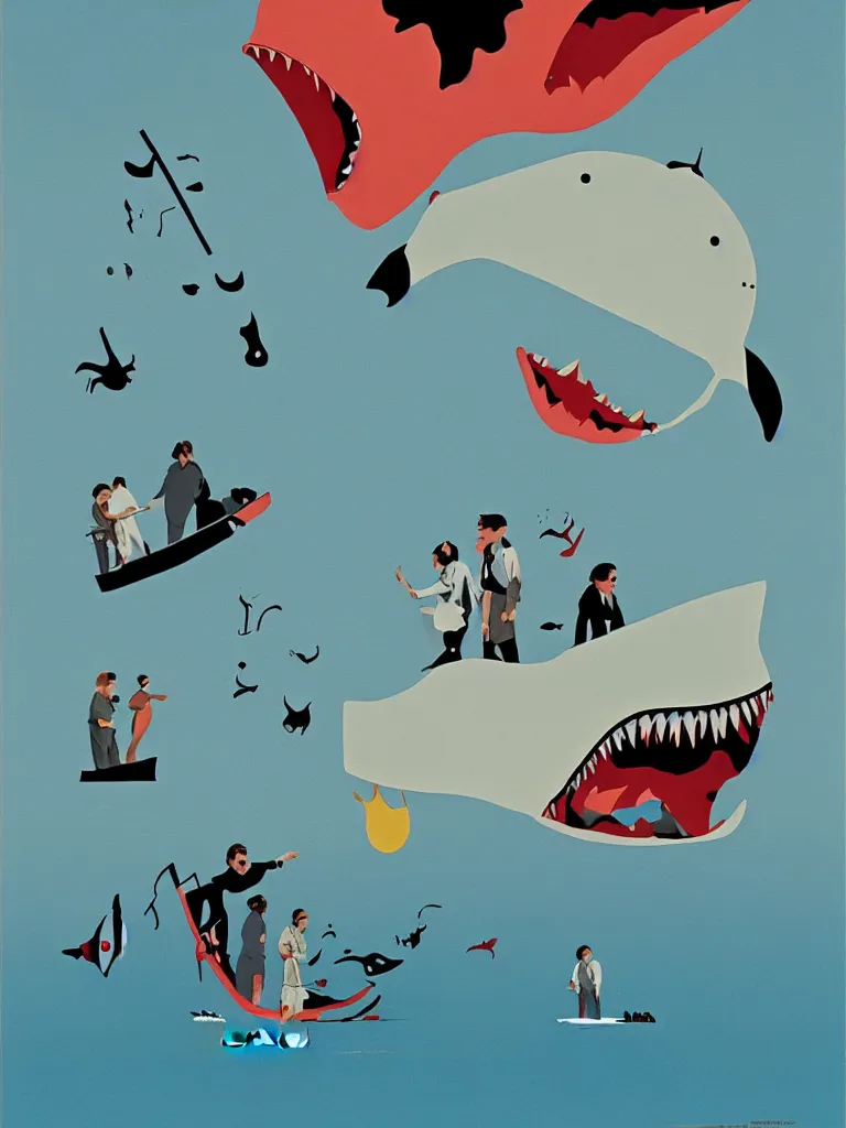 Prompt: Jaws movie poster in the style of Joan Miró