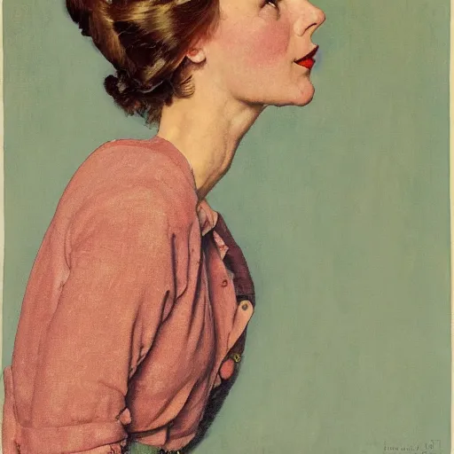 Image similar to head and shoulders portrait of woman, fully clothed, three quarter profile, norman rockwell, jacob collins, tom lovell, frank schoonover