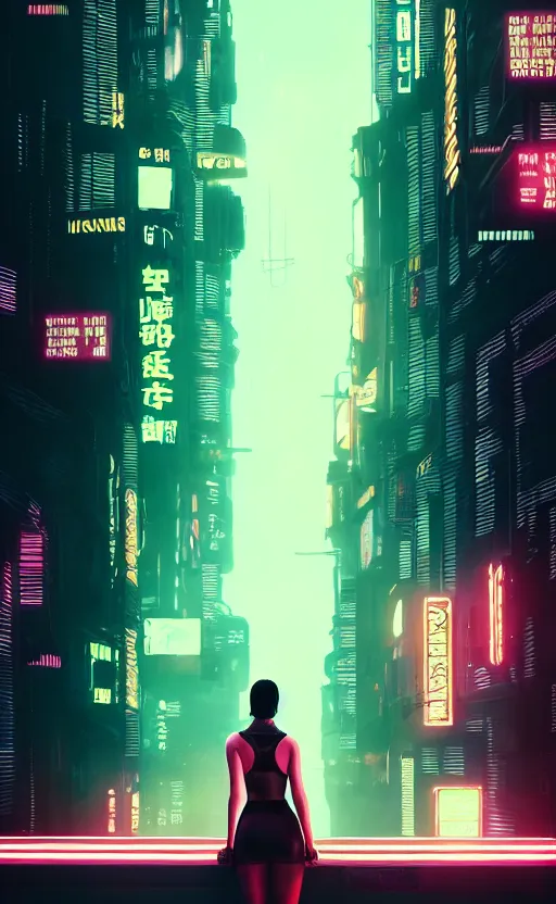 Image similar to vertical movie frame portrait of girl in blade runner 2 0 4 9 bedroom interior, neon - decorated urban on night in the city seen through the window, cyberpunk interior design, architectural design, vintage, night blade runner, dark, postapocalyptic, clean lines, 4 k, octane, asian futuristic city at distance, big windows, octane, wide angle