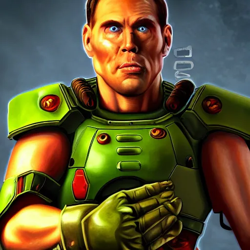 Image similar to Jerma985 as Doomguy, 1080p 4K resolution, photorealistic, cinematic lighting, highly detailed