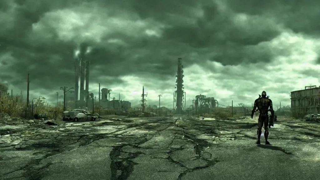 Image similar to fallout 3, film still from the movie directed by Denis Villeneuve with art direction by Salvador Dalí, wide lens