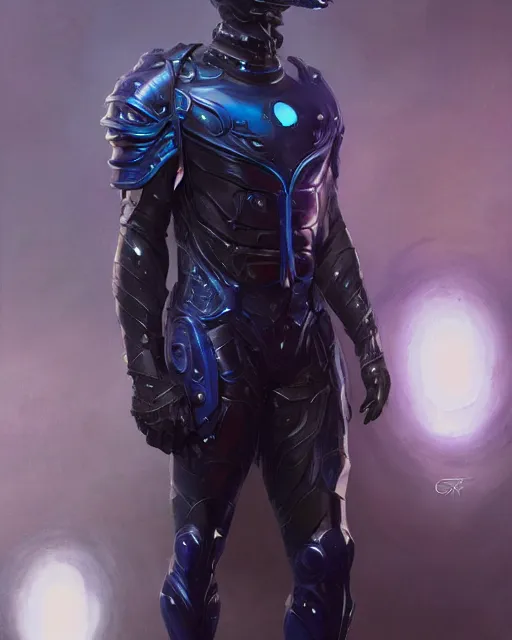 Prompt: character concept of iridescent sinewy smooth male muscular sleek glossy indigo black pearlescent scifi armor with smooth black featureless helmet, by greg rutkowski, mark brookes, jim burns, tom bagshaw, magali villeneuve, trending on artstation