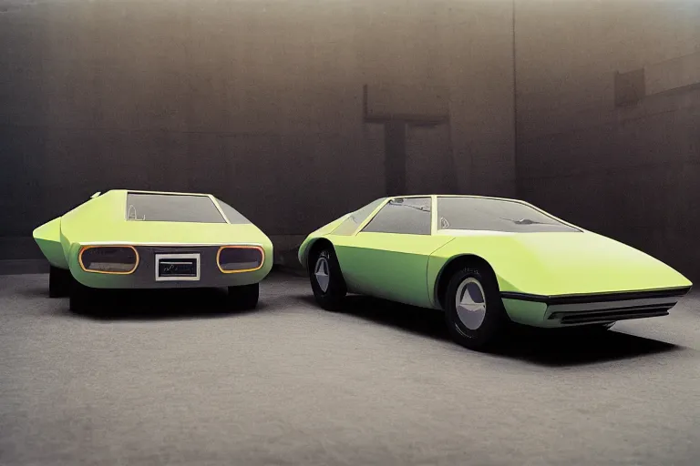 Image similar to designed by Giorgetto Giugiaro stylized poser of a single 1972 Citroen AMC AMX/3, neon lights, ektachrome photograph, volumetric lighting, f8 aperture, cinematic Eastman 5384 film