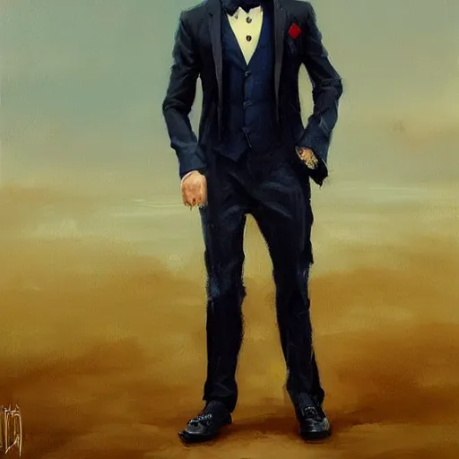Image similar to A painting of a vampire dressed in a dark blue three piece suit with a red tie, 40 years old, ponytail, black hair, some grey in the hair, detailed, oil paint, by Greg Rutkowski, trending on artstation
