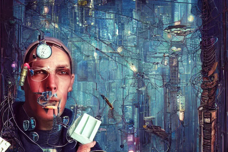 Prompt: man with wires on his head and a cigarette in his mouth, cyberpunk art by daniel merriam, behance contest winner, panfuturism, circuitry, darksynth, future tech