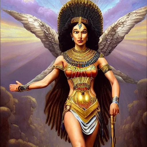 Image similar to Full body oil painting of the beautiful goddess Gal Gadot as Cleopatra, she is wearing egyptian clothes and a surreal ornate, her hair is natural disheveled, she is approaching heaven over the clouds, Anubis is behind her, naturalism, dramatic lighting, high-detailed oil painting by Ilya Repin, Michelangelo da Caravaggio, William Blake, Alex Grey and Beksinski, trending on Artsation, hystorical painting, naturalism, masterpiece, 4k, 8k,