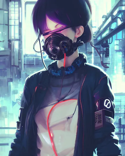 Prompt: kyoto animation, cool girl wearing cyberpunk mechanical futuristic streetwear, respirator, detailed portrait, cell shaded, 4 k, concept art, by wlop, ilya kuvshinov, artgerm, krenz cushart, greg rutkowski, pixiv. cinematic dramatic atmosphere, sharp focus, volumetric lighting, cinematic lighting, studio quality