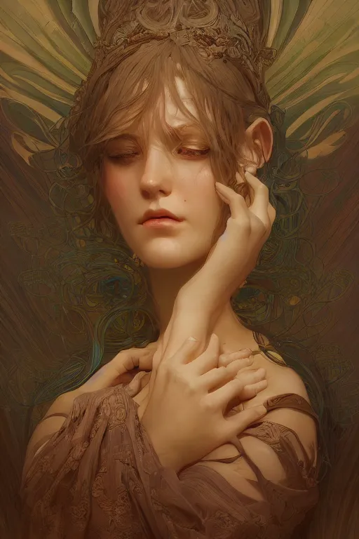 Image similar to intricate, final fantsy, mysterious, digital painting, portrait, cinematic lighting, highly detailed, concept art, illustration, smooth, sharp focus, editor's pickup, trending on artstation, trending on deviantart, alphonse mucha, WLOP