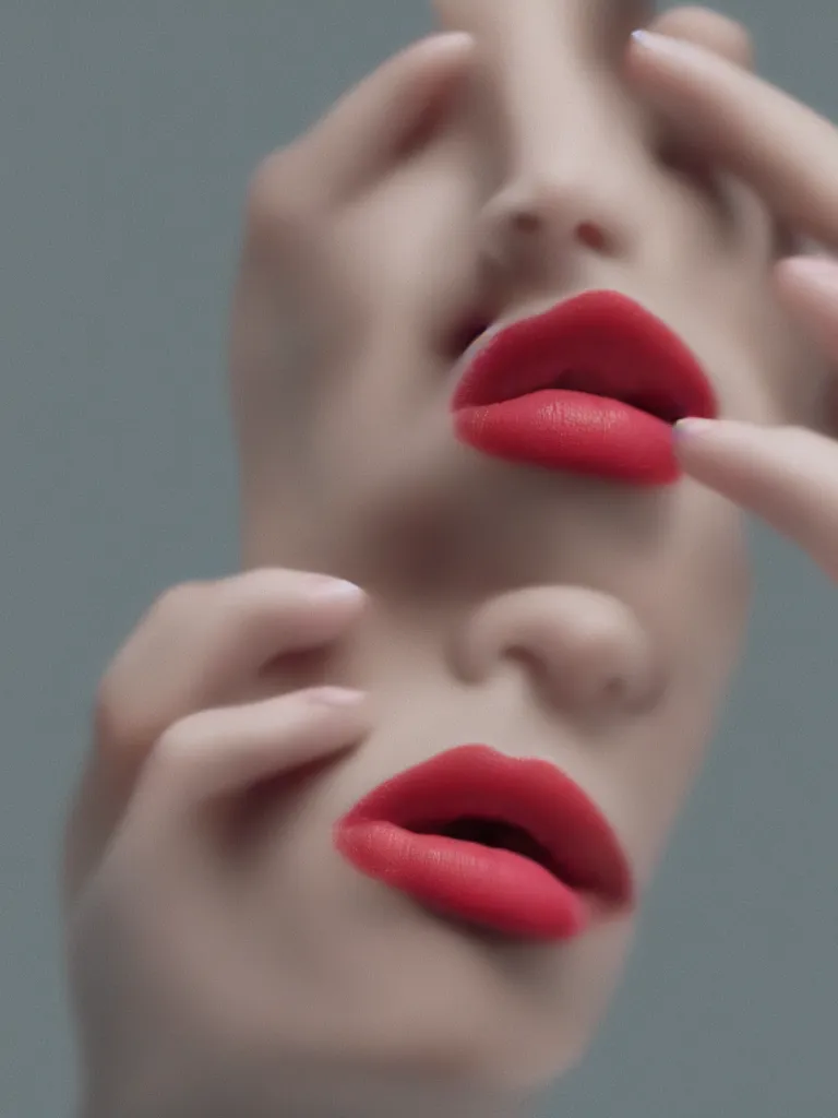 Prompt: plastic lips spinning with motion blur on the tip of finger, subtle and compelling lighting, octane clean render