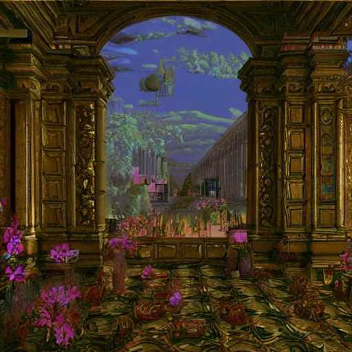 Prompt: rococo virtual art museum in a 9 0 s video game, net art, ps 1 graphics, ps 2 screenshot, hd, intricate, detailed