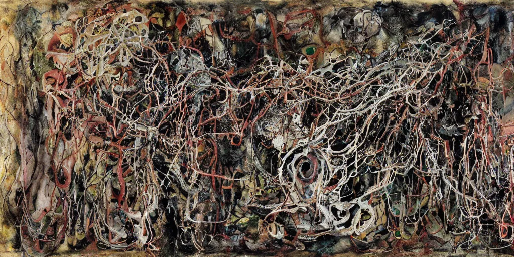 Image similar to biomechanical talisman of suffering, rotting, fungus, wings by maggi mcdonald, jackson pollock, mark rothko, sabina klein