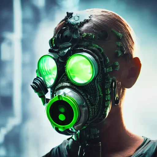 Image similar to human cyborg reptile hybrid with gas mask and green toxins popping from body full shot cinematographic high quality highly detailed ultra realistic 8 k