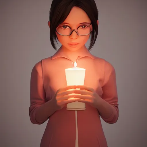 Image similar to A cute girl holding a glowing candle, fragile, soft, vray, octane render, trending on artstation, 3d character, game character