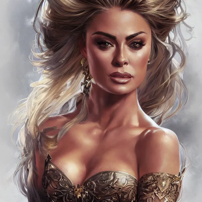 Prompt: portrait of Carmen Electra, fantasy low cut dress, intricate, elegant, highly detailed, digital painting, artstation, concept art, smooth, sharp focus, illustration, art by artgerm and greg rutkowski and alphonse mucha