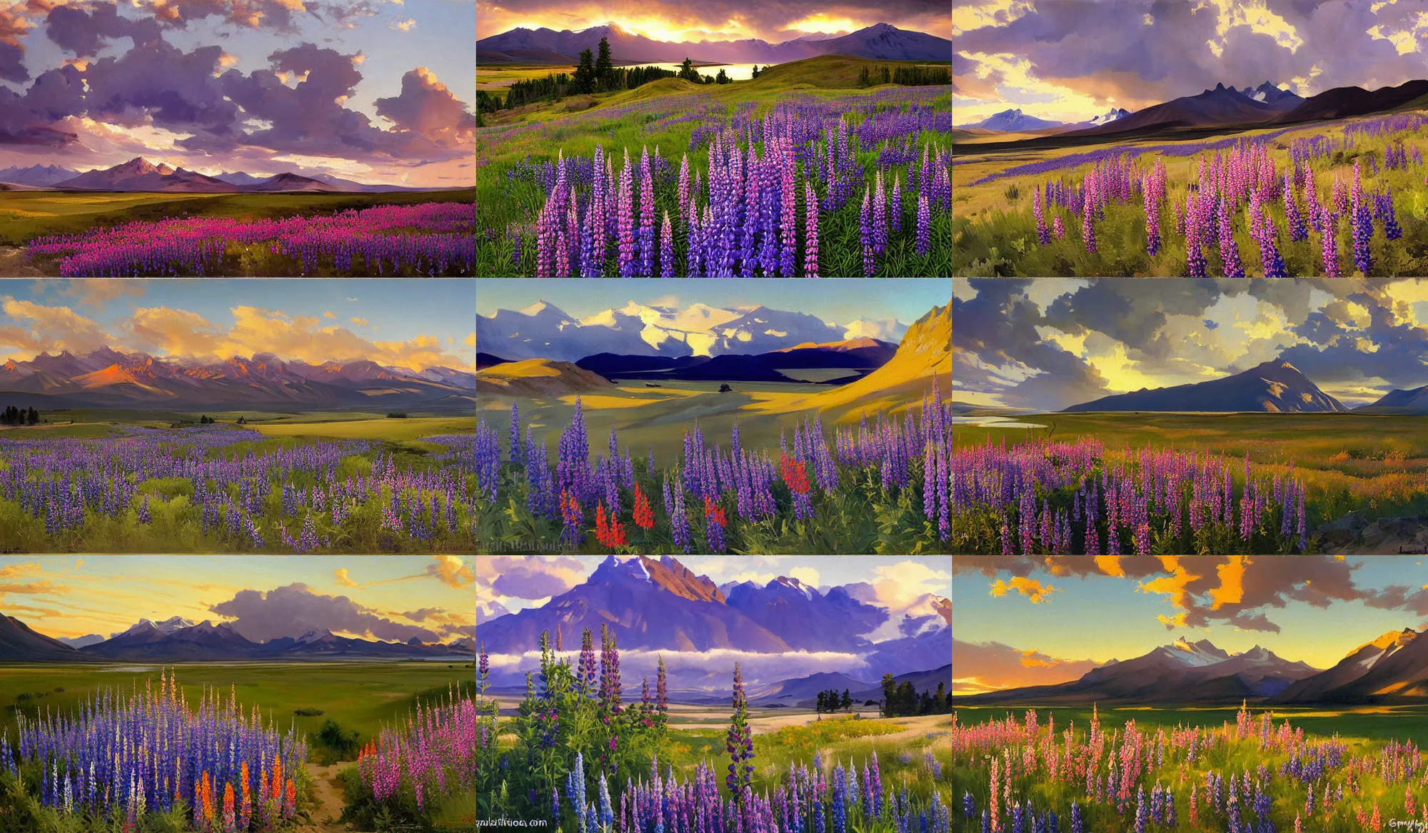 Prompt: painting by sargent and leyendecker and greg hildebrandt epic evening sky at sunset, low thunder clouds foothpath at indian summer lupins at lake tekapo tundra and taiga in background