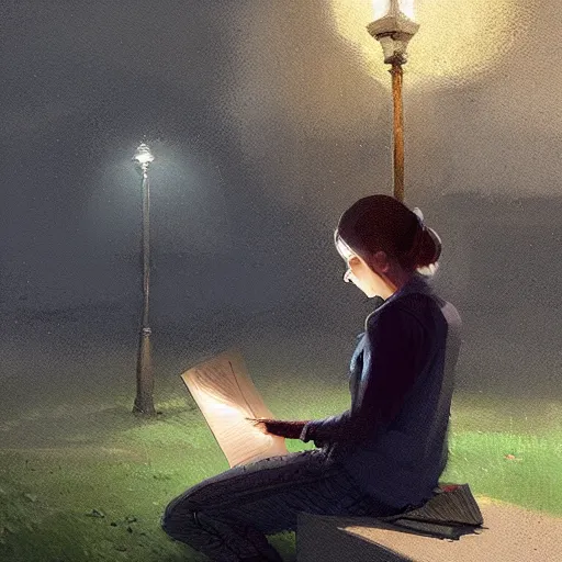 Image similar to a girl reading a book, city park, street lighting, greg rutkowski, digital painting