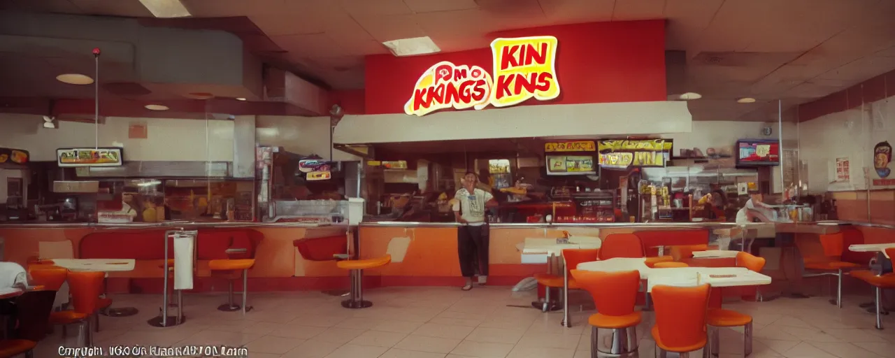 Image similar to spaghetti burger at a 1 9 9 0 s burger king ( restaurant chain ), canon 5 0 mm, kodachrome, in the style of wes anderson