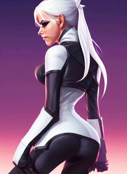 Prompt: backveiw picture of elf rogue, female, white skin, ponytails, sexy, skintight leather clothes, curves, short coat, face details, extremely detailed, smooth, sharp focus, digital illustration, by artgerm, rossdraws, sakimichan