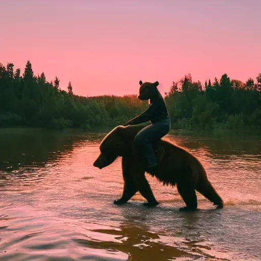 Image similar to high quality photograph of volodimir zelenski riding a bear across a river, golden hour