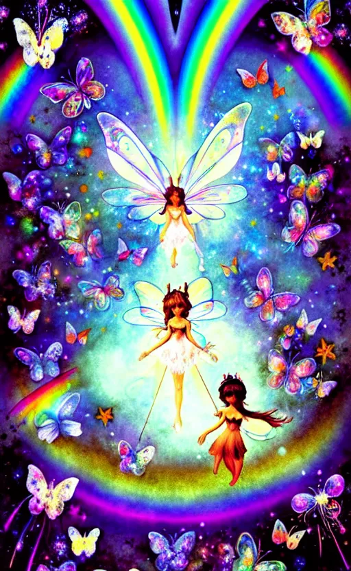 Prompt: small fairies, trippy enchanted cosmic forest, animals, stars in the sky, butterflies, rainbows, psychedelic, wide angle shot, white background, vector art, illustration by frank frazetta