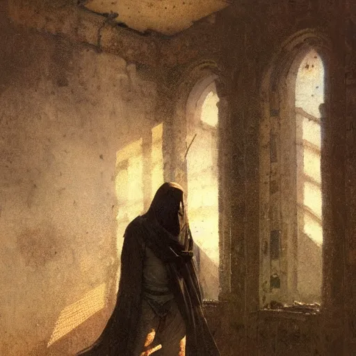 Image similar to half portait of magican wearing a closed cowl and big old book! chained to the wrist, jeremy mann, jean leon gerome, tiepolo, alphonse mucha, greg rutkowski, face in the shadows, ( ( ruins of ancient rome ) ), at dusk, mysterious atmosphere, sunrays, dof, high detailed, 8 k