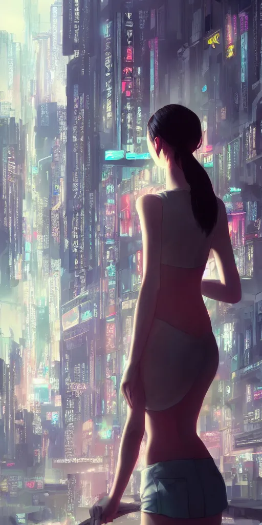 Image similar to back shot of beautiful korean girl gazing back, holding two fans. by wlop. artstation contest winner, cinematic paint. lower shot. high rise building in background. cyberpunk